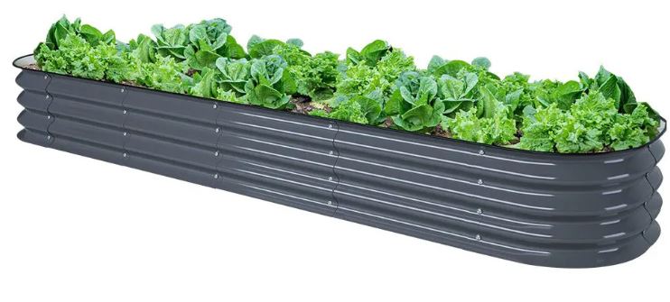 A modular raised garden bed made of dark gray galvanized steel, filled with plants.